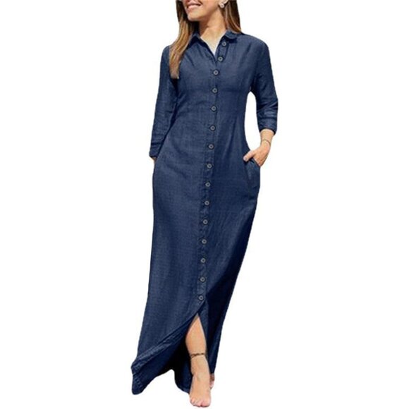 Women's Casual Denim Maxi Dress Long Sleeve Pockets Button Up Stylish - Picture 1 of 7